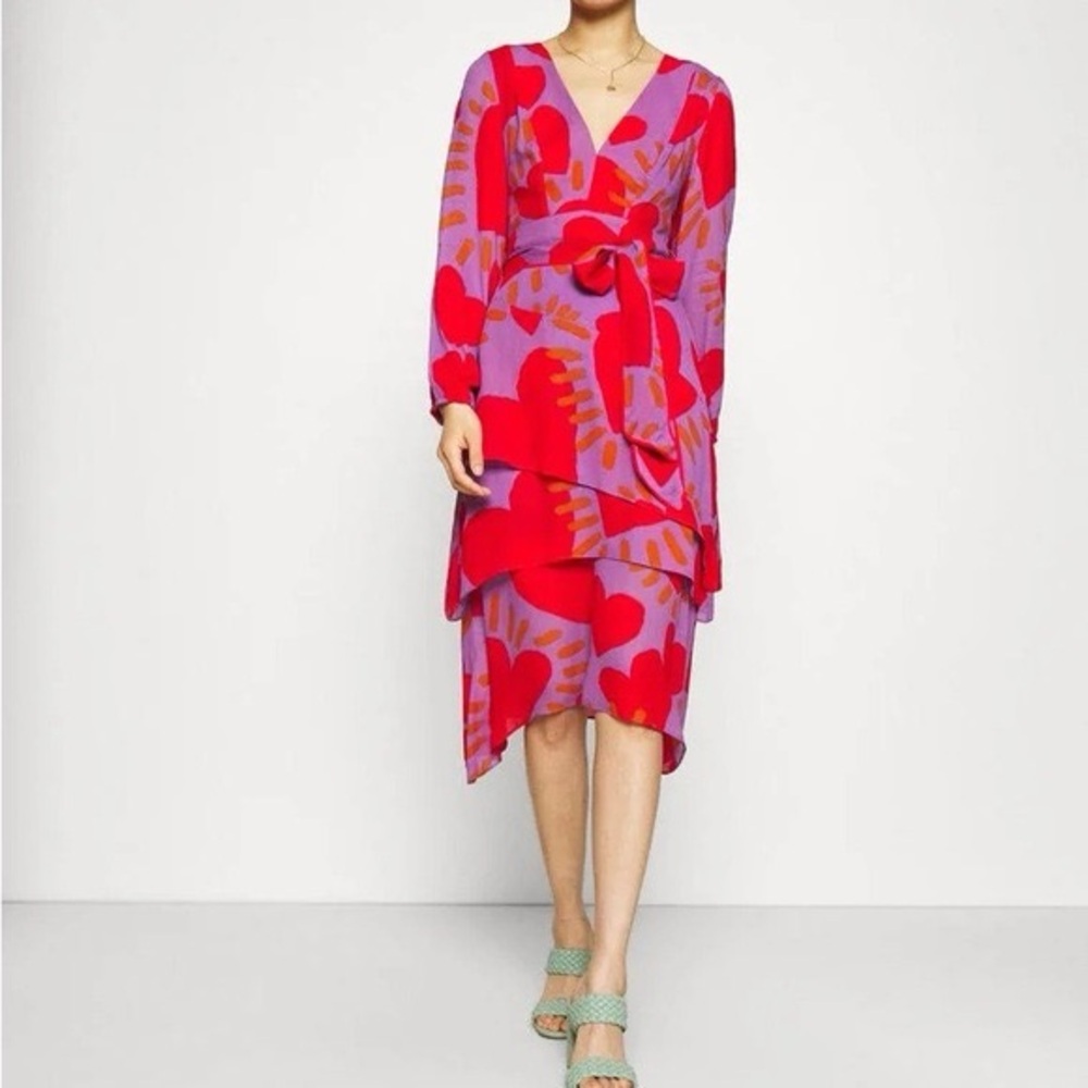Farm Rio Wild Hearts Wrap Midi Dress S Purple Red Heart Print